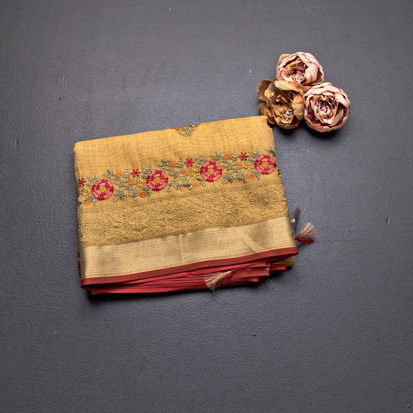 Linen Metallic Gold Floral Thread Work Saree