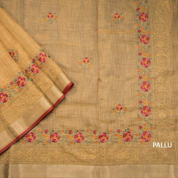 Linen Metallic Gold Floral Thread Work Saree