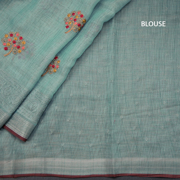 Linen Sapphire Green Floral Thread Work Saree