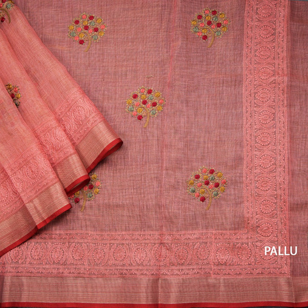 Linen Salmon Orange Floral Thread Work Saree