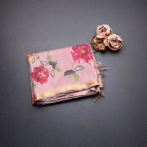 Tussar Light Onion Pink Printed Saree With Zari Border