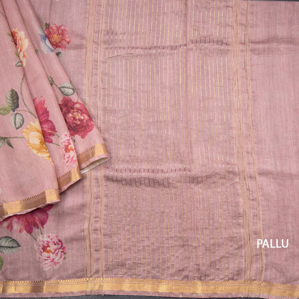 Tussar Light Onion Pink Printed Saree With Zari Border