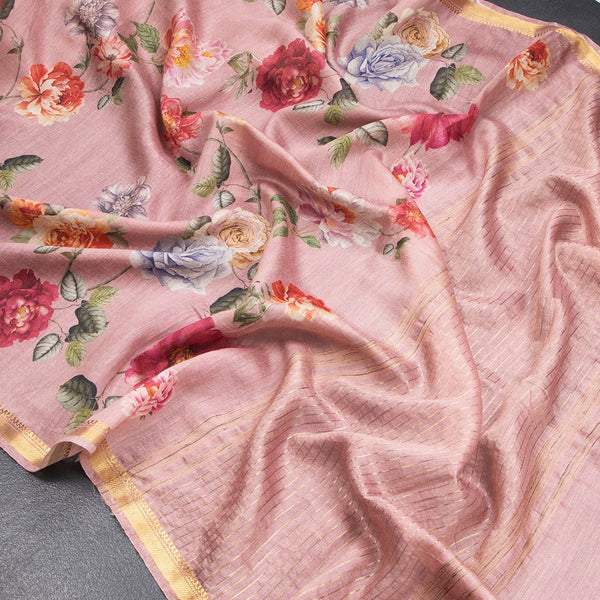 Tussar Light Onion Pink Printed Saree With Zari Border - Kumaran Silks