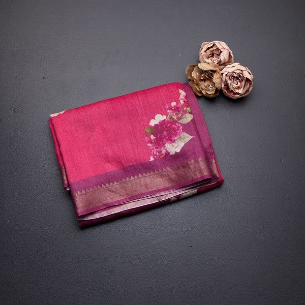 Tussar Dark Pink Printed Saree With Zari Border