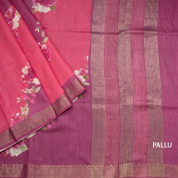 Tussar Dark Pink Printed Saree With Zari Border