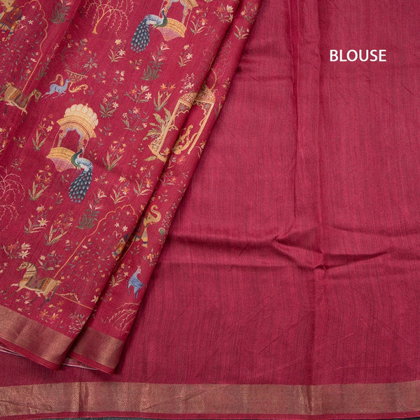 Tussar Dark Red Printed Saree With Zari Border