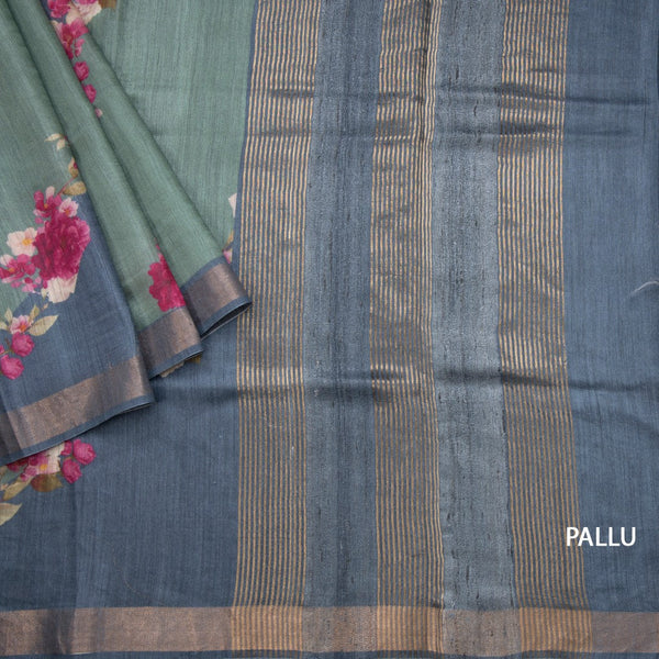 Tussar Green Printed Saree With Zari Border