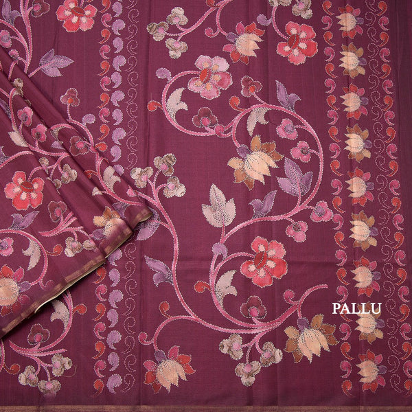 Semi Raw Silk Wine Colour Floral Printed Saree