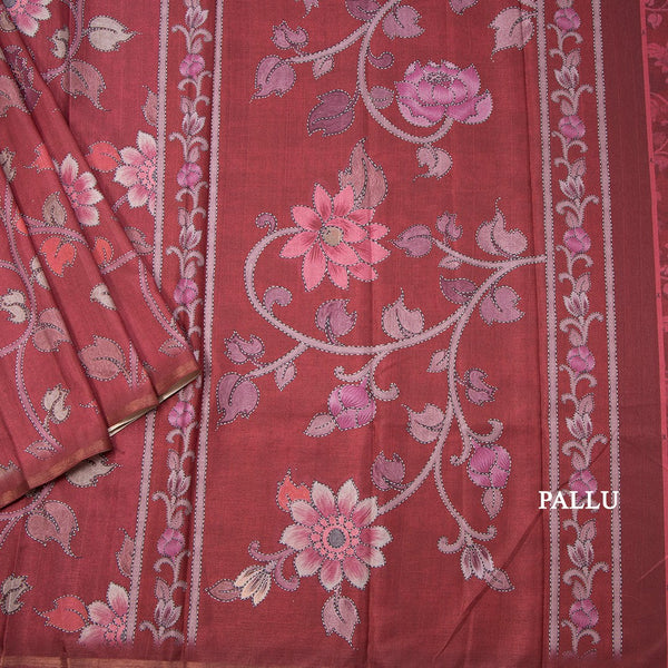 Semi Raw Silk Maroon Floral Printed Saree