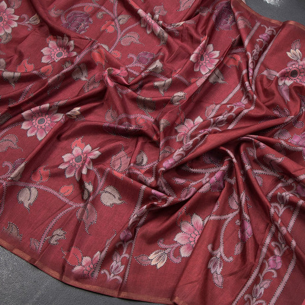 Semi Raw Silk Maroon Floral Printed Saree