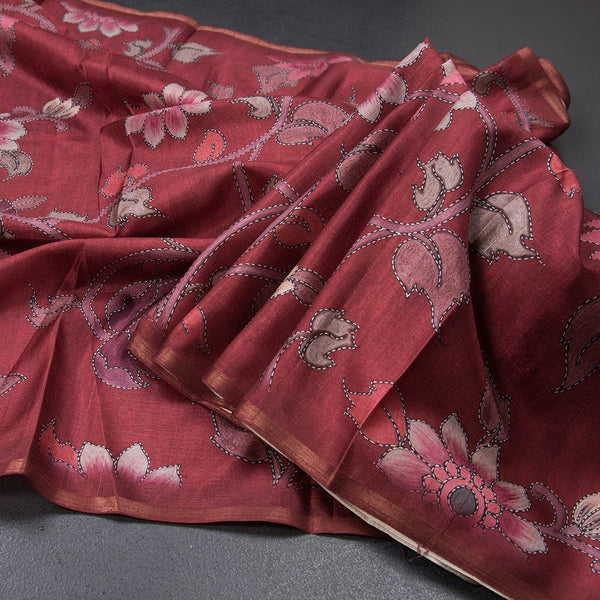 Semi Raw Silk Maroon Floral Printed Saree
