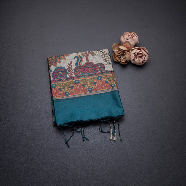 Semi Raw Silk Peacock Green Printed Saree 03