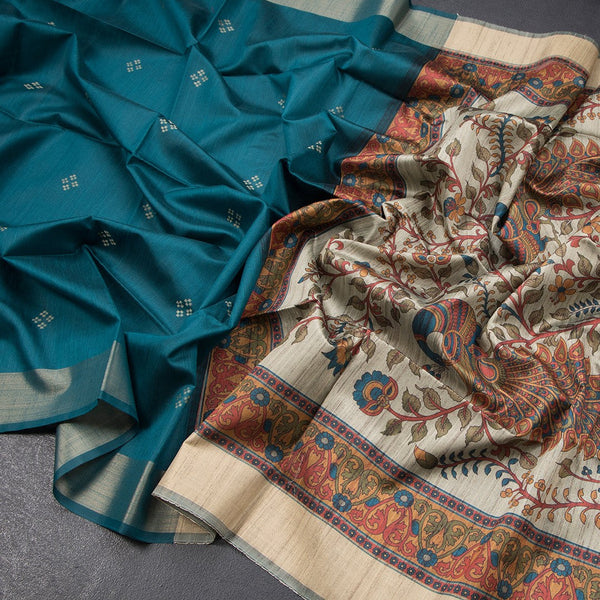Semi Raw Silk Peacock Green Printed Saree 03