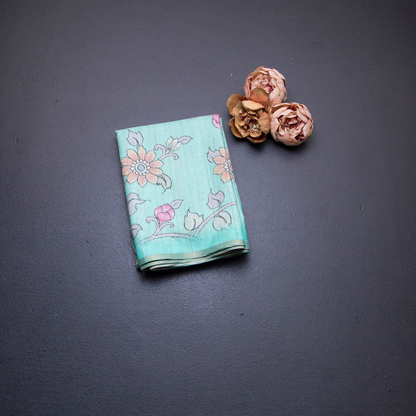 Semi Raw Silk Mint Green Floral Printed Saree 02