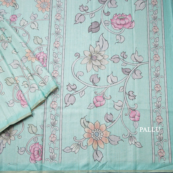 Semi Raw Silk Mint Green Floral Printed Saree 02