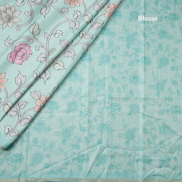 Semi Raw Silk Mint Green Floral Printed Saree 02