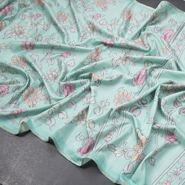 Semi Raw Silk Mint Green Floral Printed Saree 02