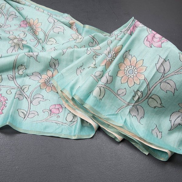 Semi Raw Silk Mint Green Floral Printed Saree 02