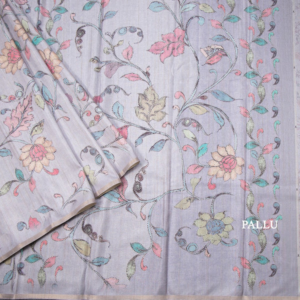 Semi Raw Silk Grey Floral Printed Saree 04