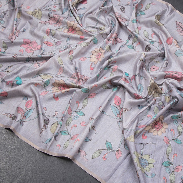 Semi Raw Silk Grey Floral Printed Saree 04