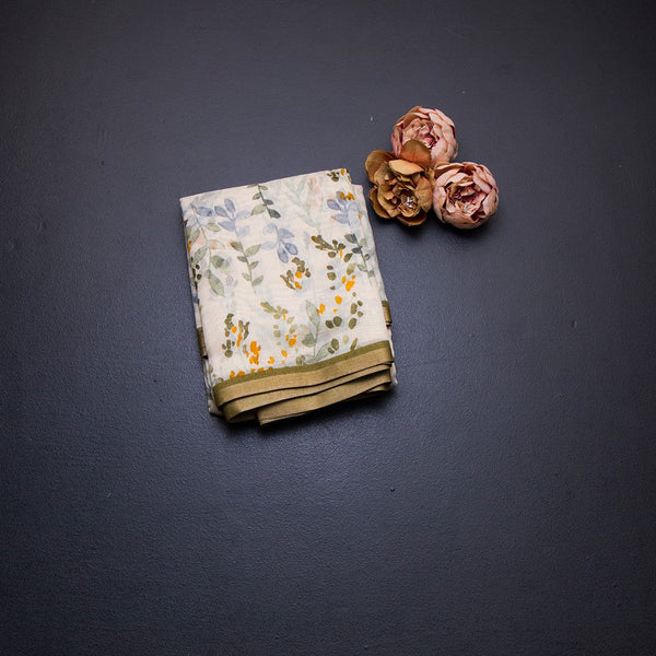 Semi Linen Cream Leaf Printed Saree