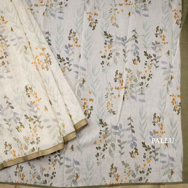 Semi Linen Cream Leaf Printed Saree