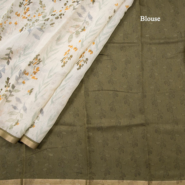 Semi Linen Cream Leaf Printed Saree