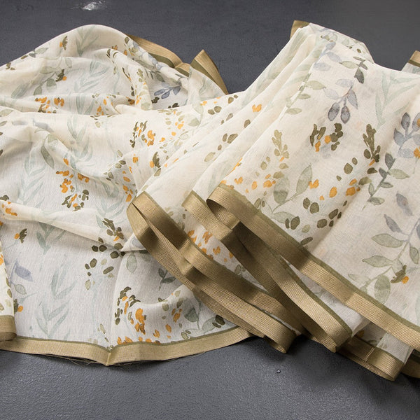 Semi Linen Cream Leaf Printed Saree