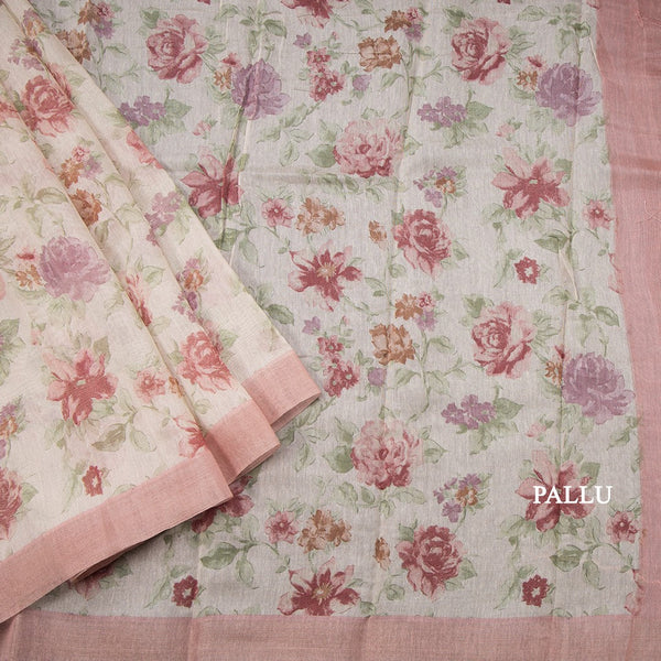Semi Linen Cream Floral Printed Saree 03