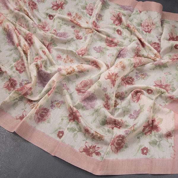 Semi Linen Cream Floral Printed Saree 03