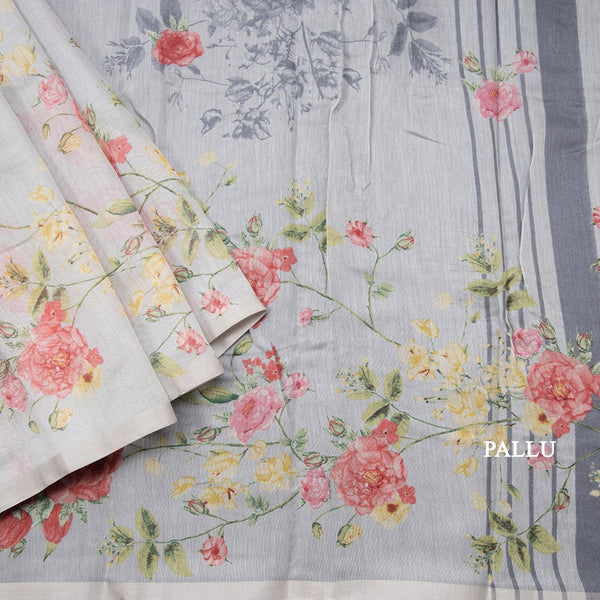 Semi Linen Grey Floral Printed Saree 05