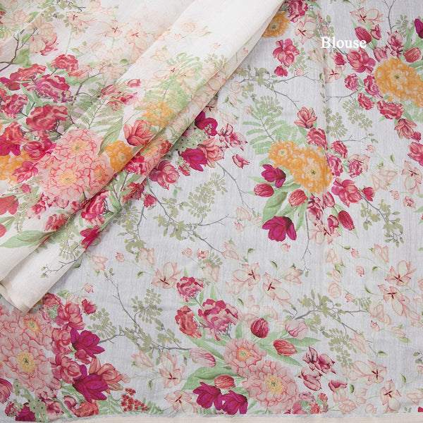 Semi Linen White Floral Printed Saree