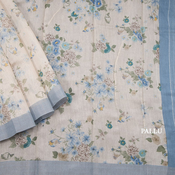 Semi Linen Cream Floral Printed Saree 04