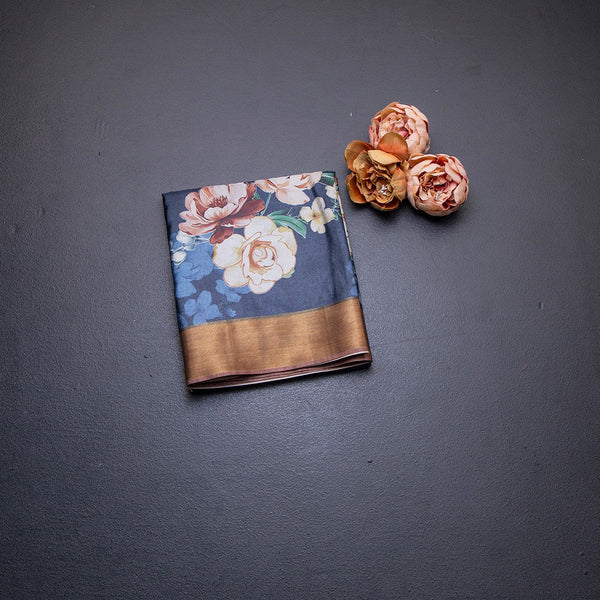 Semi Raw Silk Navy Blue Floral Printed Saree 02