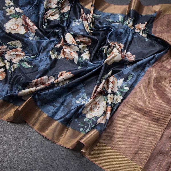 Semi Raw Silk Navy Blue Floral Printed Saree 02