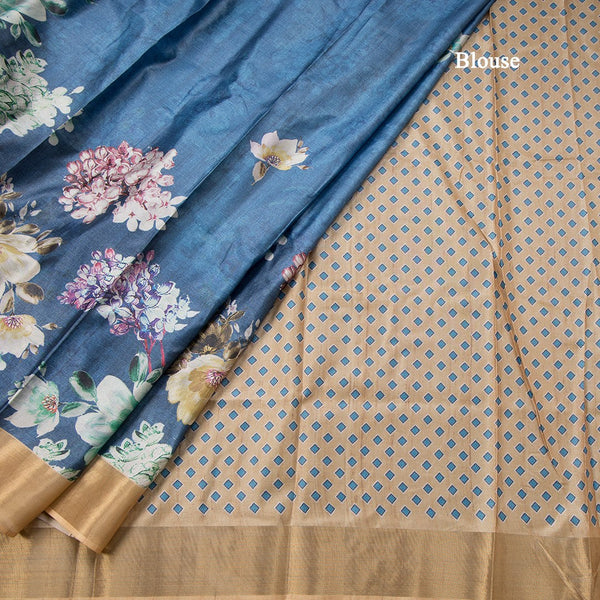 Semi Raw Silk Blue Floral Printed Saree