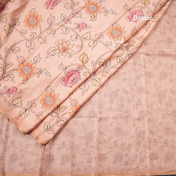 Semi Raw Silk Peach Floral Printed Saree 02