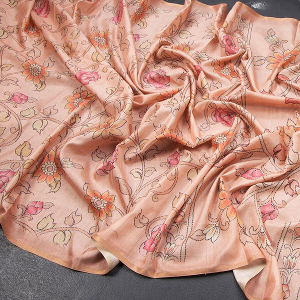 Semi Raw Silk Peach Floral Printed Saree 02