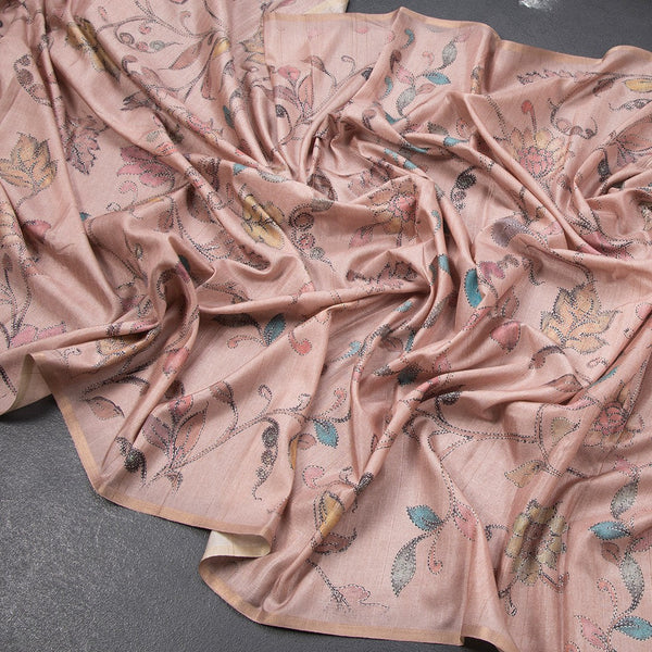 Semi Raw Silk Light Brown Floral Printed Saree