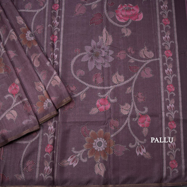 Semi Raw Silk Dark Purple Floral Printed Saree