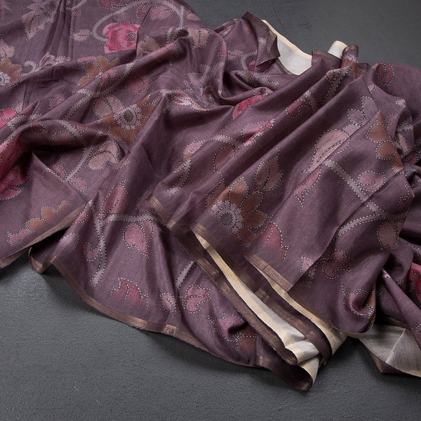 Semi Raw Silk Dark Purple Floral Printed Saree