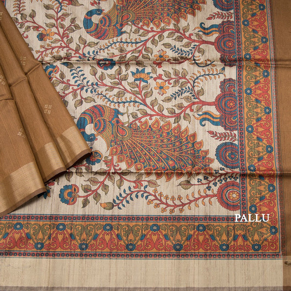 Semi Raw Silk Chocolate Brown Printed Saree