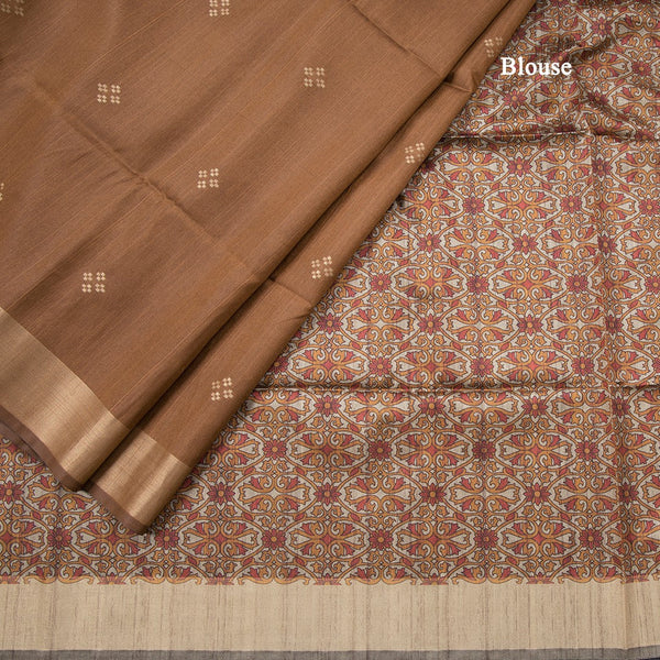 Semi Raw Silk Chocolate Brown Printed Saree
