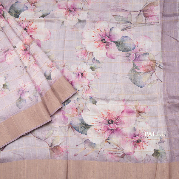 Raw Silk Light Onion Pink Thread Checks With Floral Printed Saree