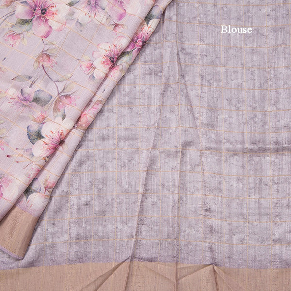 Raw Silk Light Onion Pink Thread Checks With Floral Printed Saree