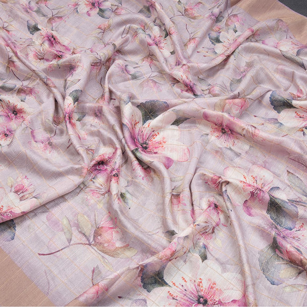 Raw Silk Light Onion Pink Thread Checks With Floral Printed Saree