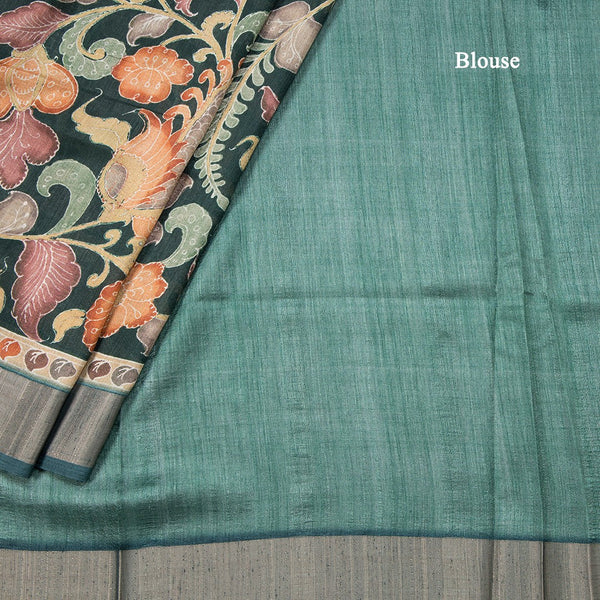 Tussar Dark Green Floral Printed Saree