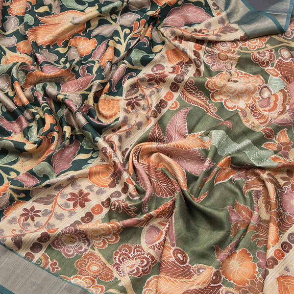 Tussar Dark Green Floral Printed Saree