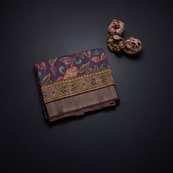 Tussar Dark Purple Floral Printed Saree