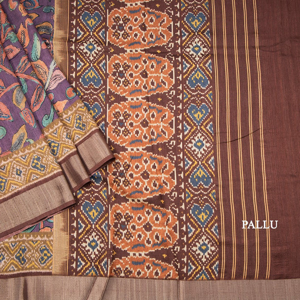 Tussar Dark Purple Floral Printed Saree